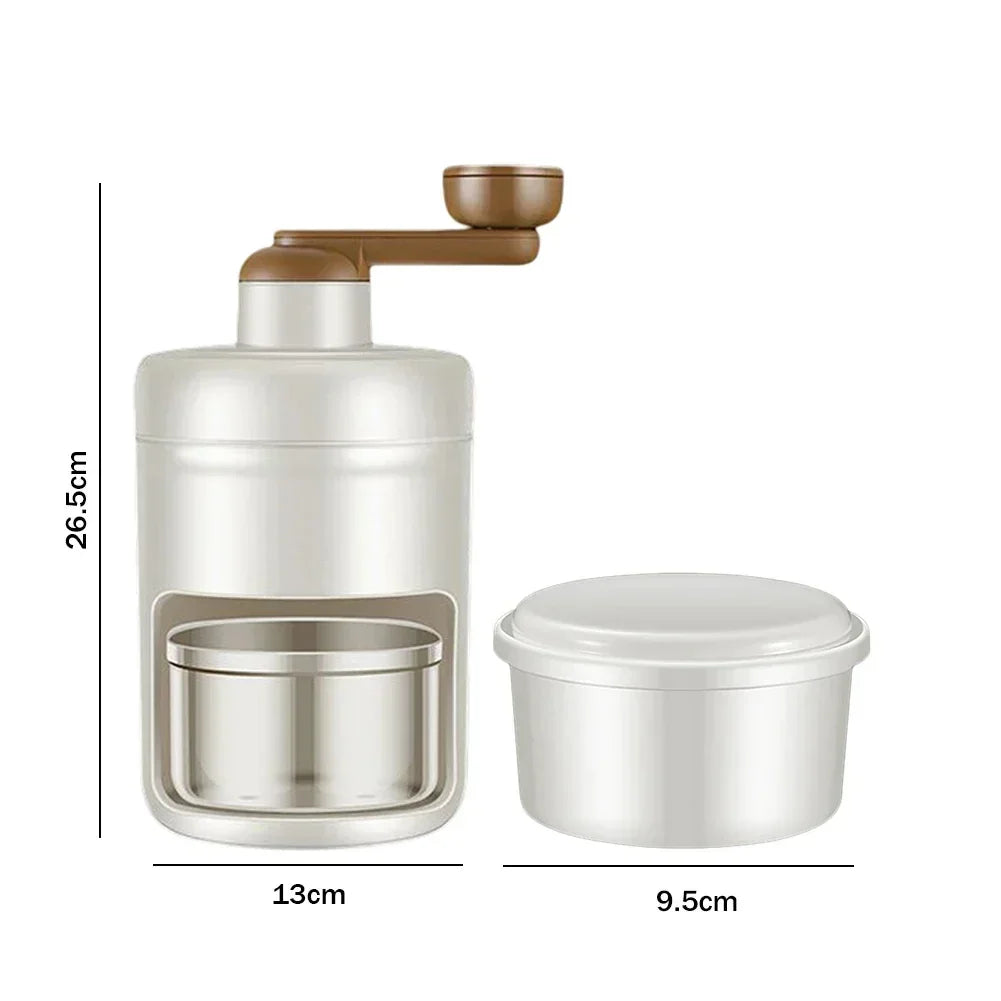 Beige and white manual kitchen grinder with stainless steel container, modern design, compact size.