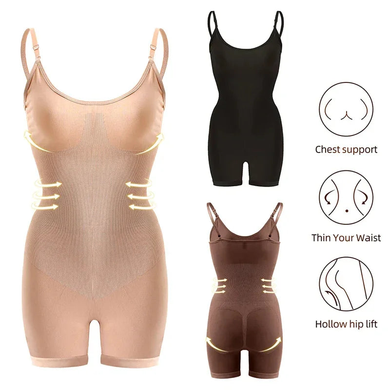 Seamless shapewear bodysuits in nude, black, and brown with chest support, waist slimming, and hip lift features.
