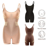 Seamless shapewear bodysuits in nude, black, and brown with chest support, waist slimming, and hip lift features.