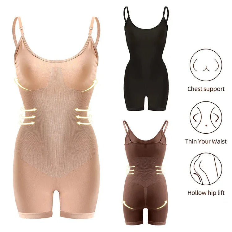 Seamless shapewear bodysuits in nude, black, and brown with chest support, waist slimming, and hip lift features.