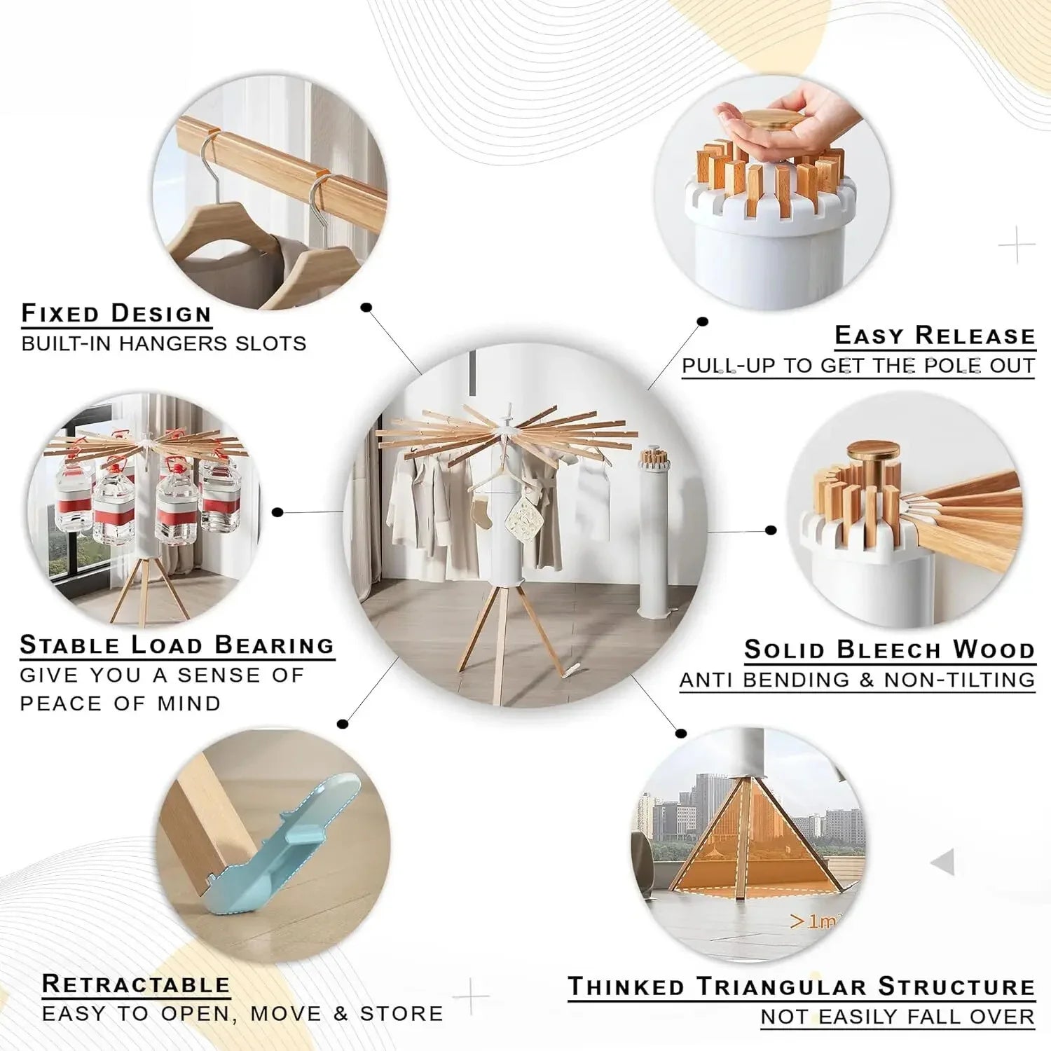 Modern wooden clothes rack with light-colored finish, stable tripod base, built-in hangers, and retractable arms for easy storage.