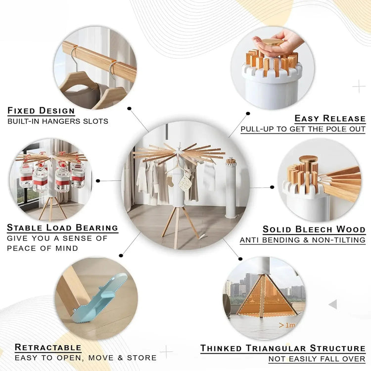 Modern wooden clothes rack with light-colored finish, stable tripod base, built-in hangers, and retractable arms for easy storage.