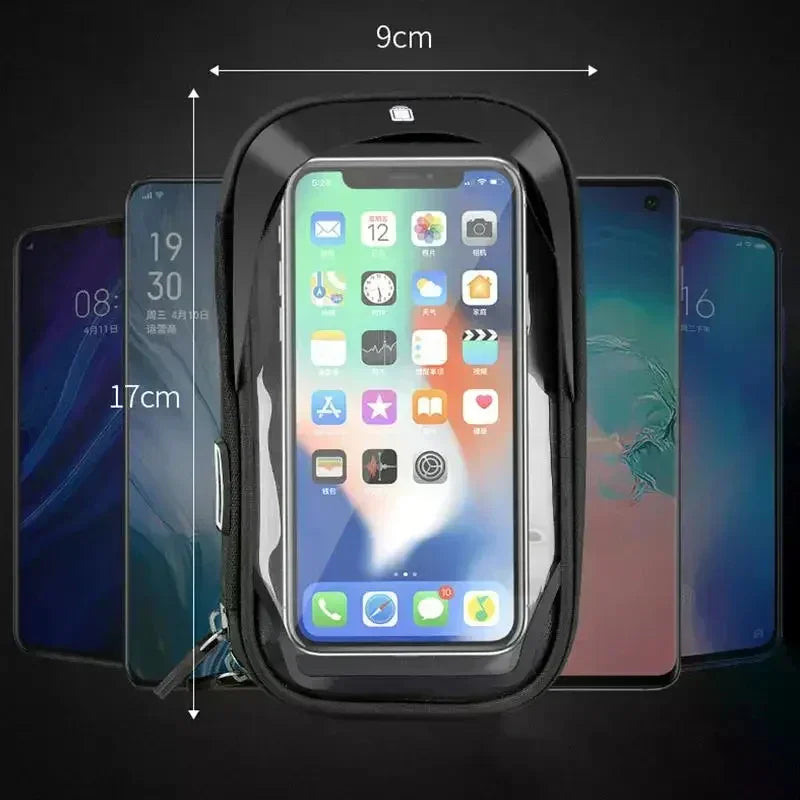 Black waterproof phone pouch with clear touchscreen front, fits up to 17cm by 9cm devices.