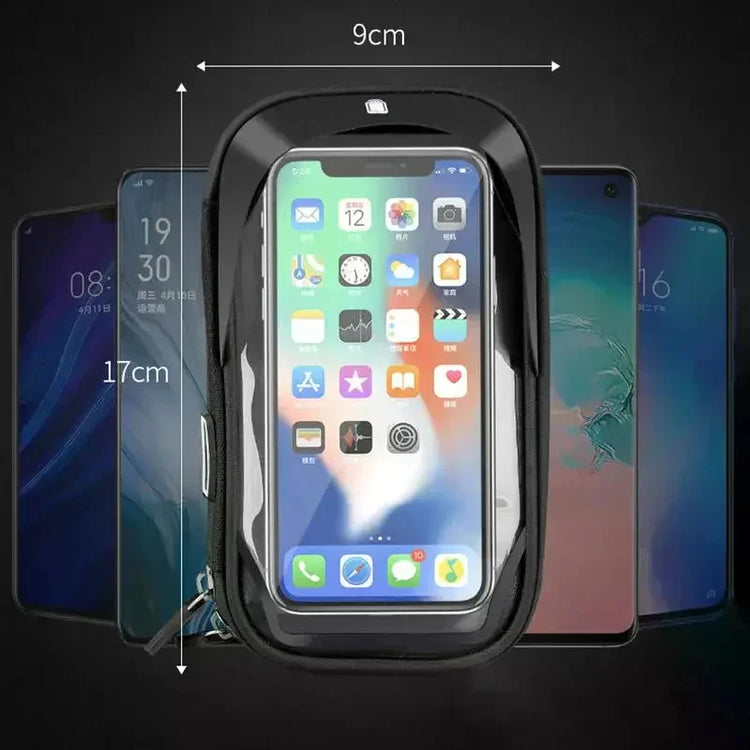 Black waterproof phone pouch with clear touchscreen front, fits up to 17cm by 9cm devices.