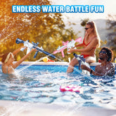 Group in swimwear enjoying a pool water fight with colorful plastic water blasters