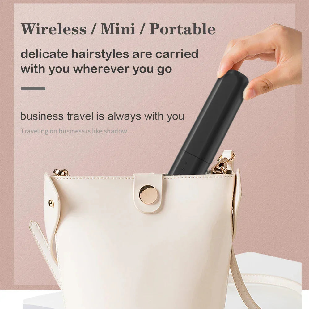 Hand placing a sleek black portable wireless hair styling tool into a beige leather handbag