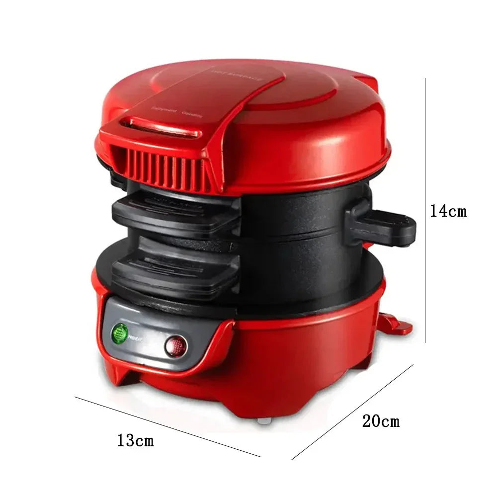 Red compact sandwich maker with dual layers, black handles, and dimensions labeled 14cm x 20cm x 13cm.