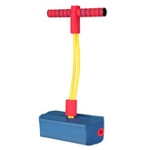 Blue foam pogo jumper with red handle and yellow elastic cords, soft material, compact design