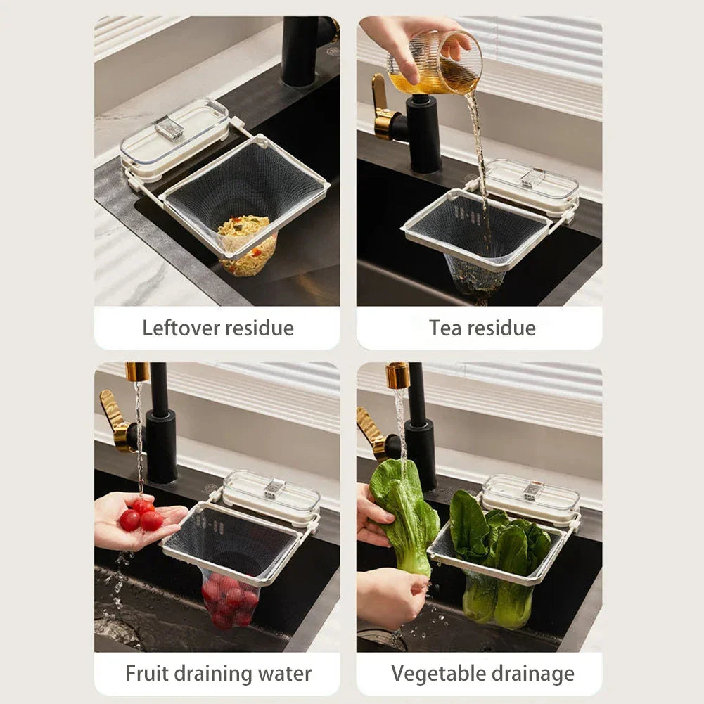 Mesh kitchen sink strainer basket in white plastic for draining leftovers, tea, fruit, and vegetables.