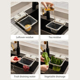 Mesh kitchen sink strainer basket in white plastic for draining leftovers, tea, fruit, and vegetables.
