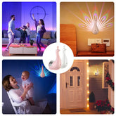 Peacock-shaped LED night light with colorful projection, ideal for modern home decor and ambiance lighting.
