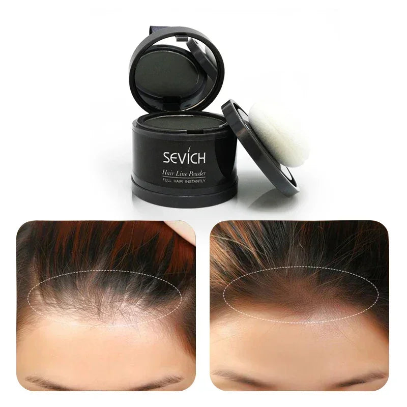 Hairline powder for fuller look, before and after application, natural finish, dark color