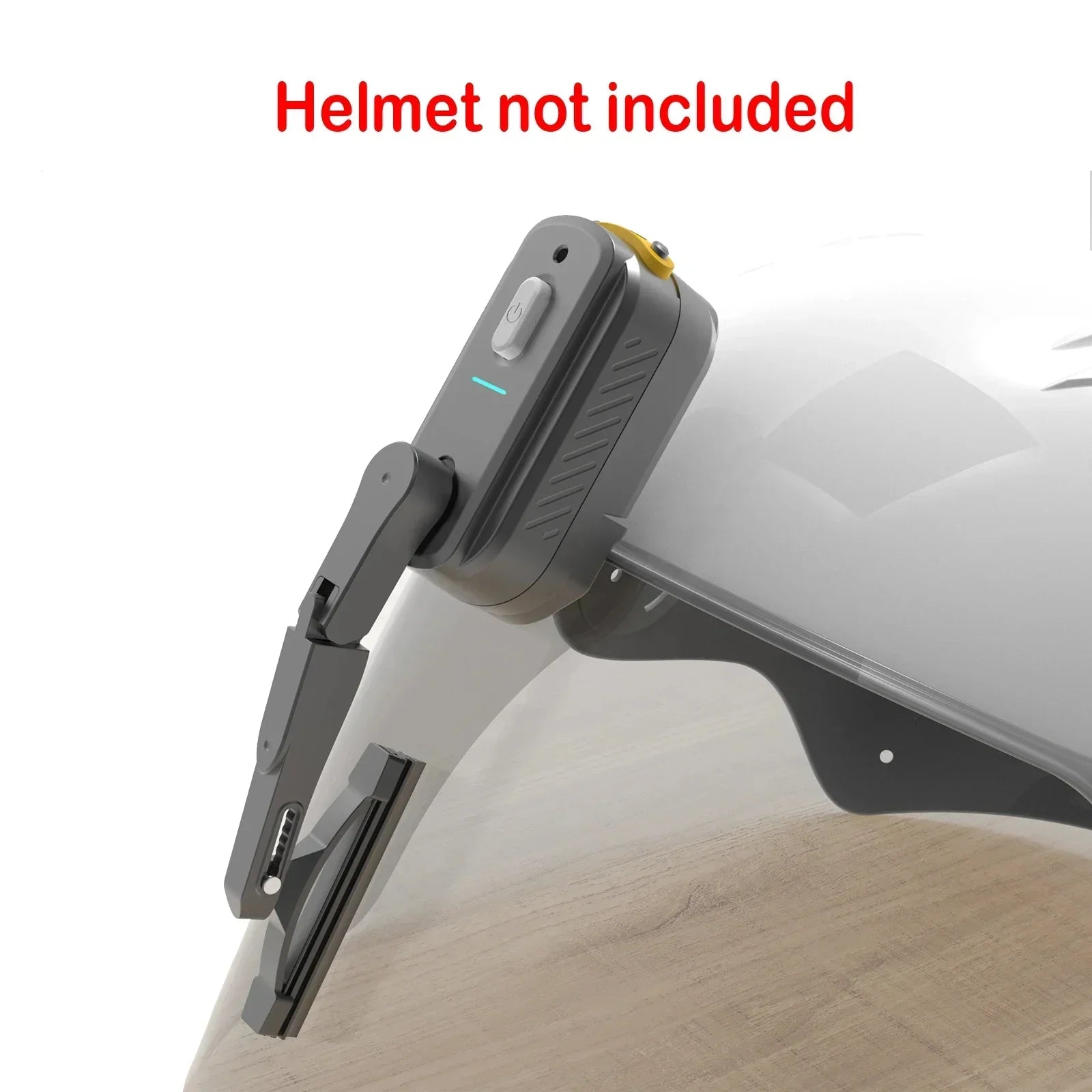 Gray electronic visor attachment with adjustable arm mounted on a clear helmet shield
