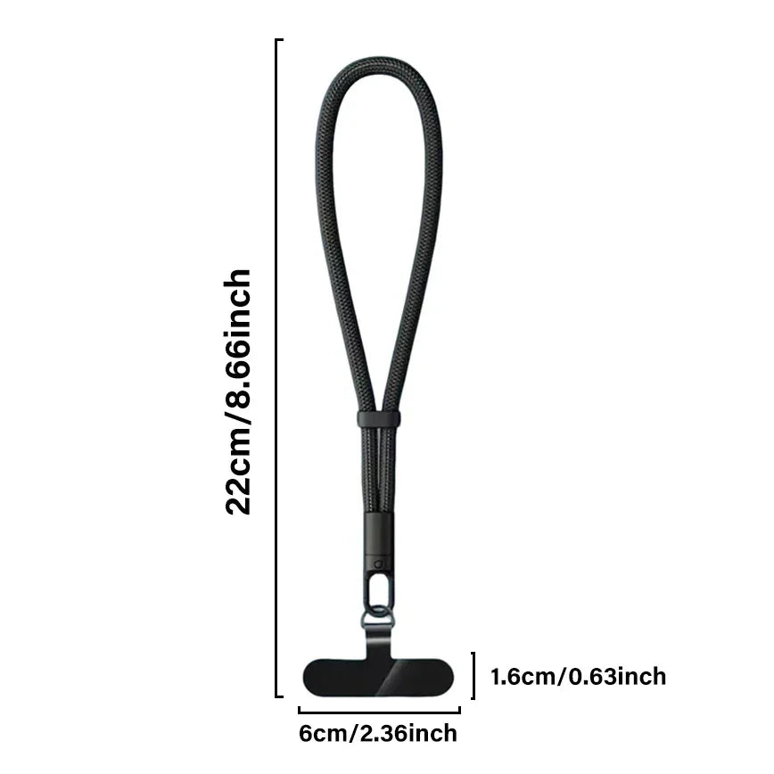 Black adjustable lanyard strap with metal clip, nylon material, tech accessory, dimensions labeled