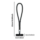 Black adjustable lanyard strap with metal clip, nylon material, tech accessory, dimensions labeled