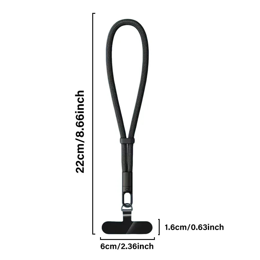 Black adjustable lanyard strap with metal clip, nylon material, tech accessory, dimensions labeled