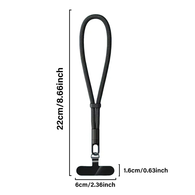 Black adjustable lanyard strap with metal clip, nylon material, tech accessory, dimensions labeled