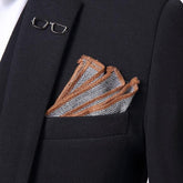 Black blazer with herringbone pocket square featuring brown frayed edges, slim fit style