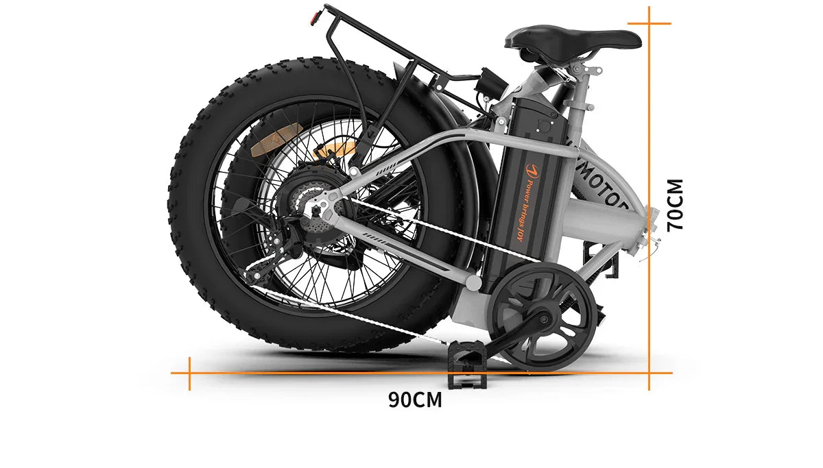 Folded gray electric bike with fat tires, compact size 90cm by 70cm, aluminum frame