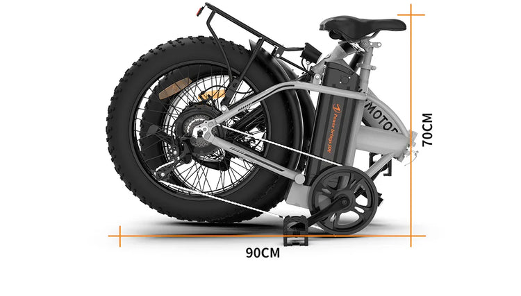 Folded gray electric bike with fat tires, compact size 90cm by 70cm, aluminum frame