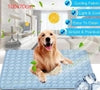 Golden retriever on light blue cooling pet mat, 100x70cm, quilted fabric, easy clean, ideal for hot weather