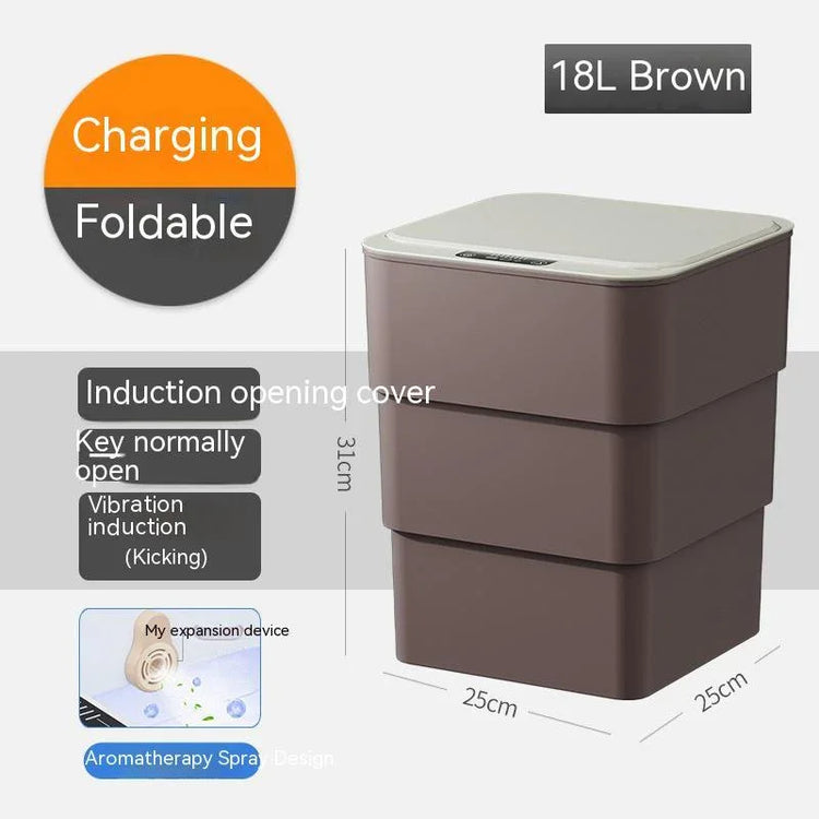 Brown 18L foldable trash bin with induction opening cover, charging port, and compact, modern design.