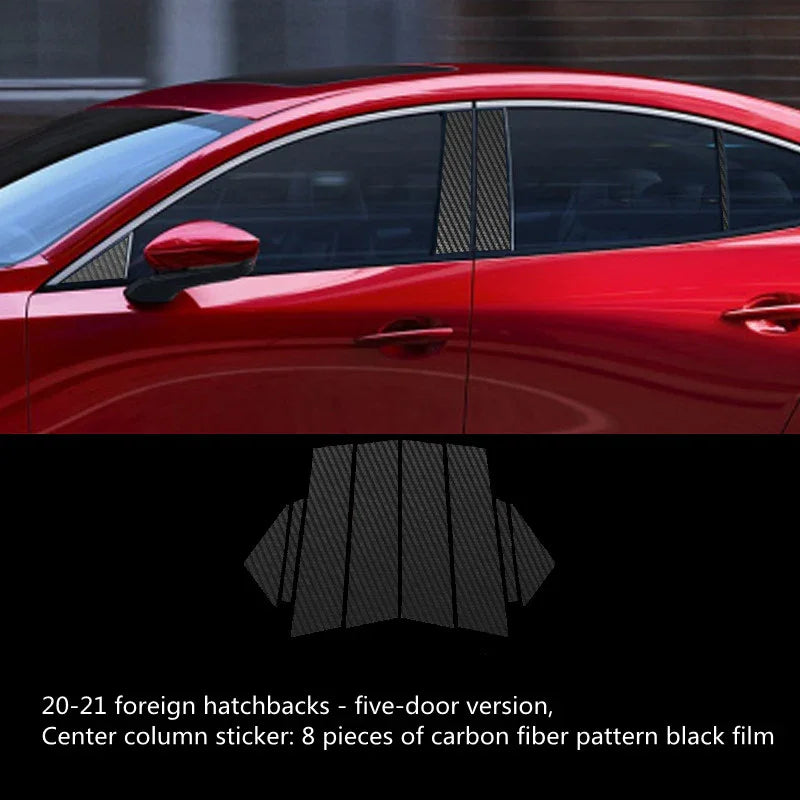 Red five-door hatchback with black carbon fiber center column stickers applied to pillars.