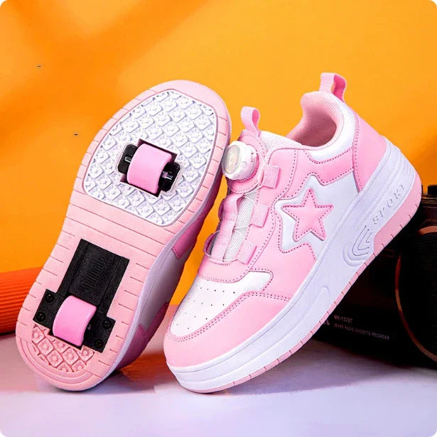 Pink and white roller sneakers with star design, synthetic leather, chunky sole, sporty fit