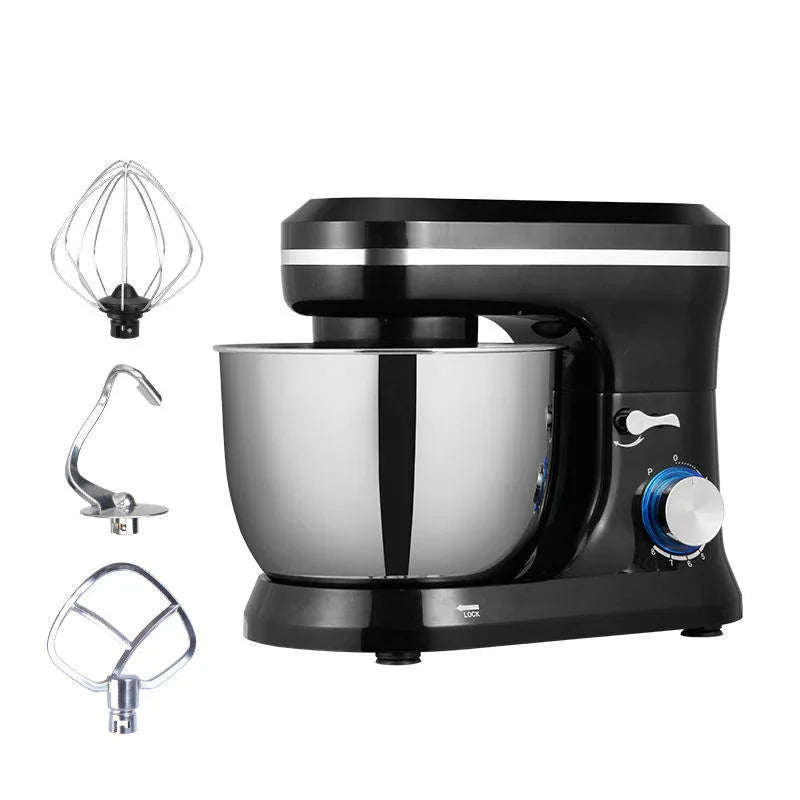 Black stand mixer with stainless steel mixing bowl and three interchangeable attachments