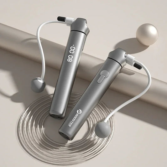 Metallic gray digital smart jump ropes with LED display and adjustable cords