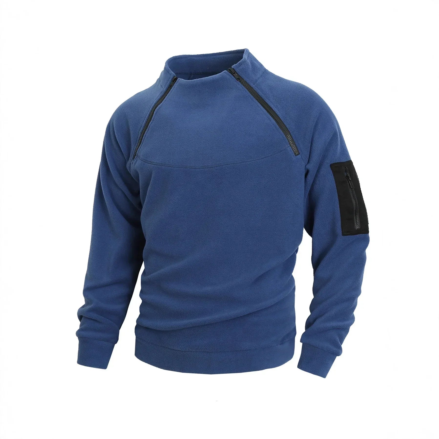 Blue fleece pullover with black zippered chest and sleeve pockets, relaxed fit streetwear