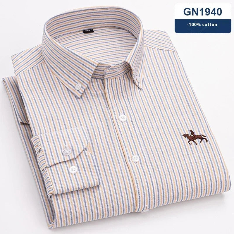Men's long sleeve button-down shirt with blue and beige stripes, 100% cotton, relaxed fit