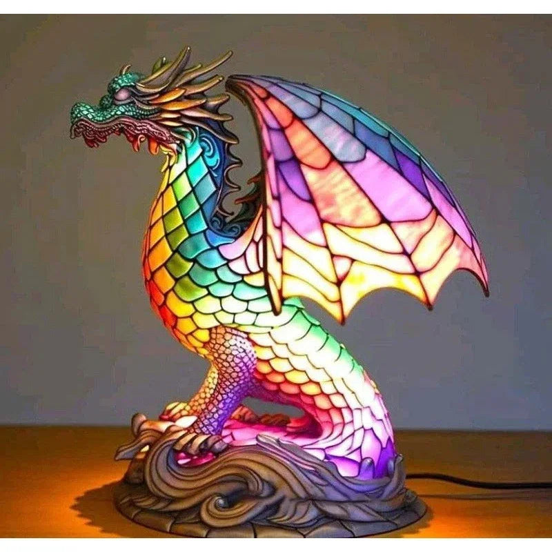Colorful stained glass dragon lamp with intricate scales and illuminated wings