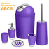 Modern purple bathroom accessories set with chrome accents, six pieces including trash can, soap dispenser, cups, toilet brush, and soap dish.