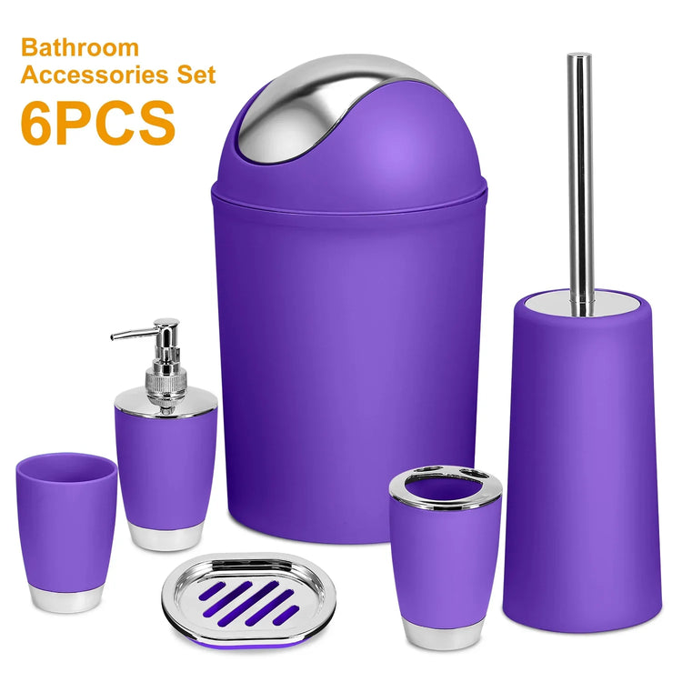 Modern purple bathroom accessories set with chrome accents, six pieces including trash can, soap dispenser, cups, toilet brush, and soap dish.