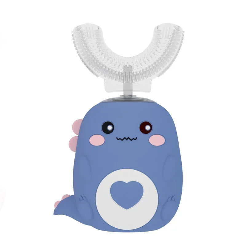 Cute blue silicone dinosaur-shaped kids toothbrush with U-shaped soft bristle head
