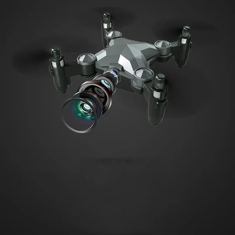 Futuristic black mini drone with exposed multi-layer camera lens technology