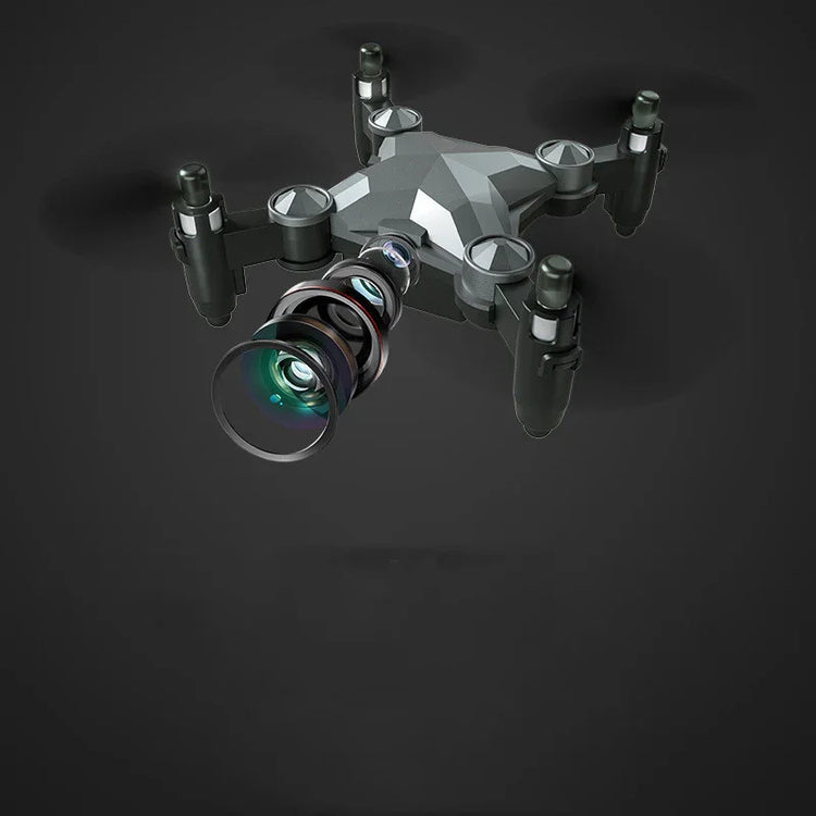 Futuristic black mini drone with exposed multi-layer camera lens technology
