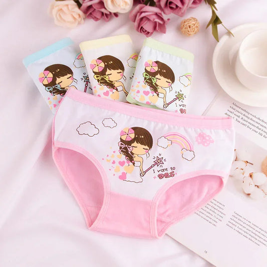 Cute pastel cotton girls' underwear with cartoon print, full coverage, soft elastic waistband.