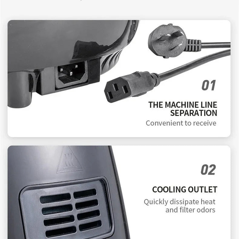 Close-up of black power cable and cooling outlet feature on a tech device, highlighting machine line separation and cooling vent.