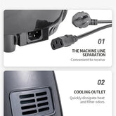 Close-up of black power cable and cooling outlet feature on a tech device, highlighting machine line separation and cooling vent.