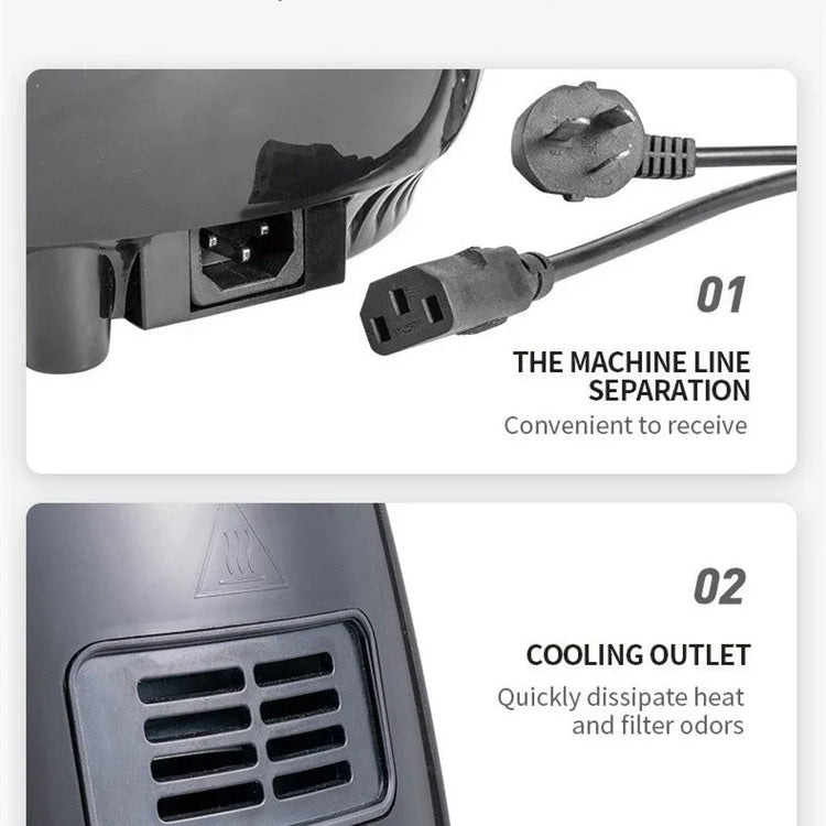 Close-up of black power cable and cooling outlet feature on a tech device, highlighting machine line separation and cooling vent.