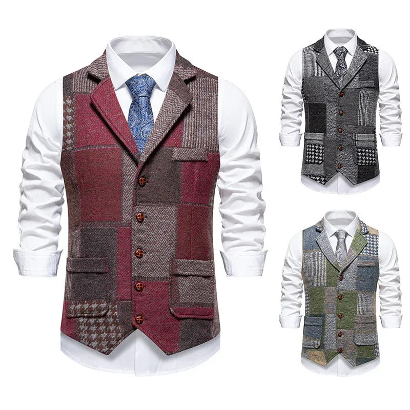 Men's patchwork wool vests in burgundy, grey, and green, slim fit, worn over white shirts