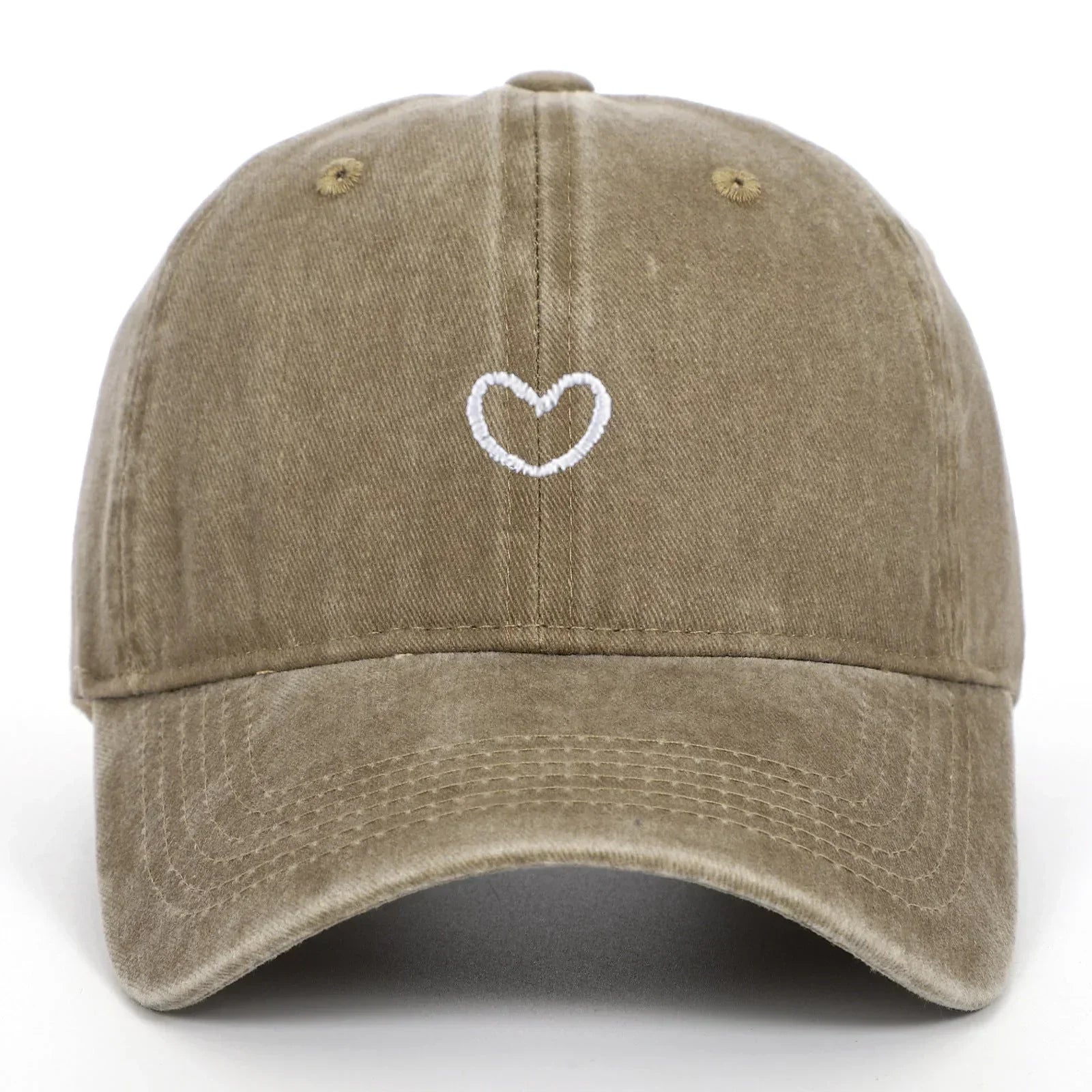 Khaki cotton baseball cap with white heart embroidery, relaxed fit, minimalist streetwear style