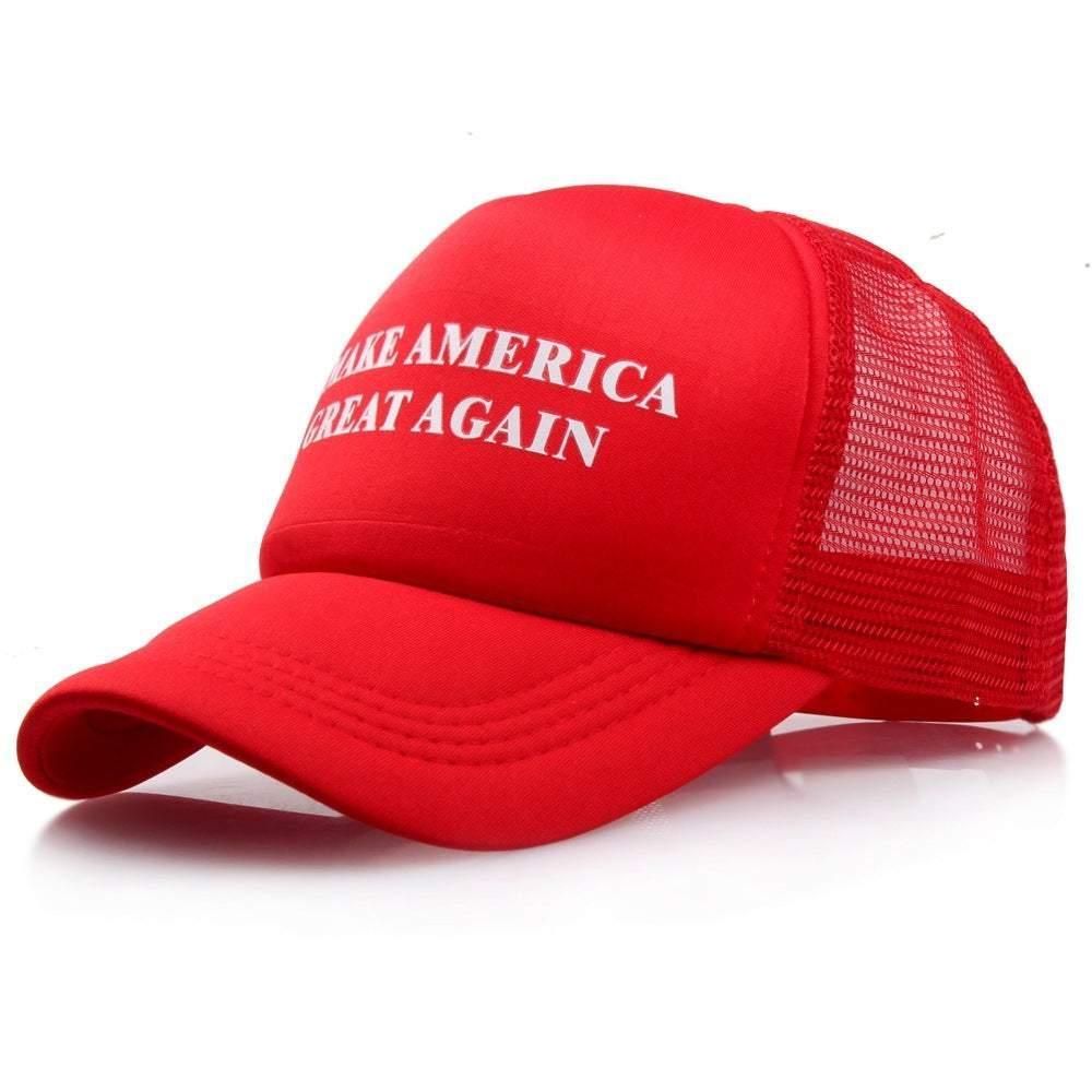 Red mesh trucker hat with curved brim and white text, bold streetwear style.