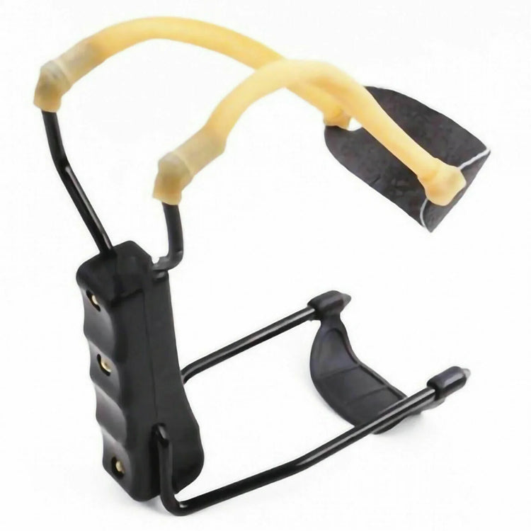 Black slingshot with yellow elastic bands and ergonomic grip, outdoor tool on white background