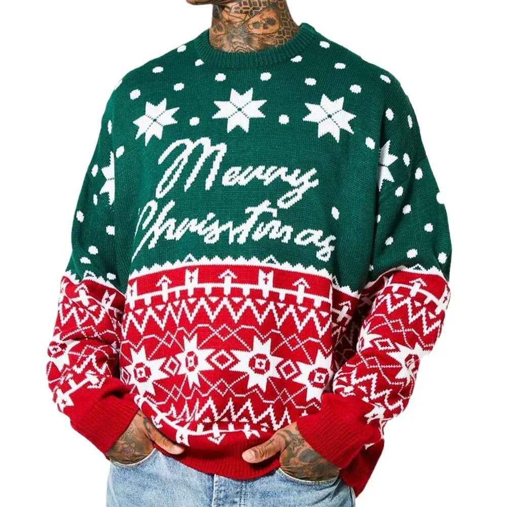 Green and red knit Christmas sweater with snowflake pattern, loose fit, crew neck