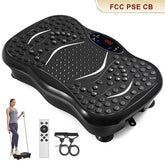 Black futuristic vibration plate with textured surface, remote control, and resistance bands