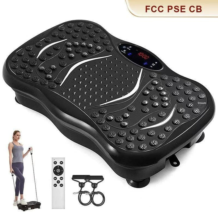 Black futuristic vibration plate with textured surface, remote control, and resistance bands