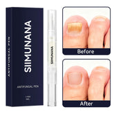 Antifungal pen with before and after results on discolored toenails, clear improvement shown.